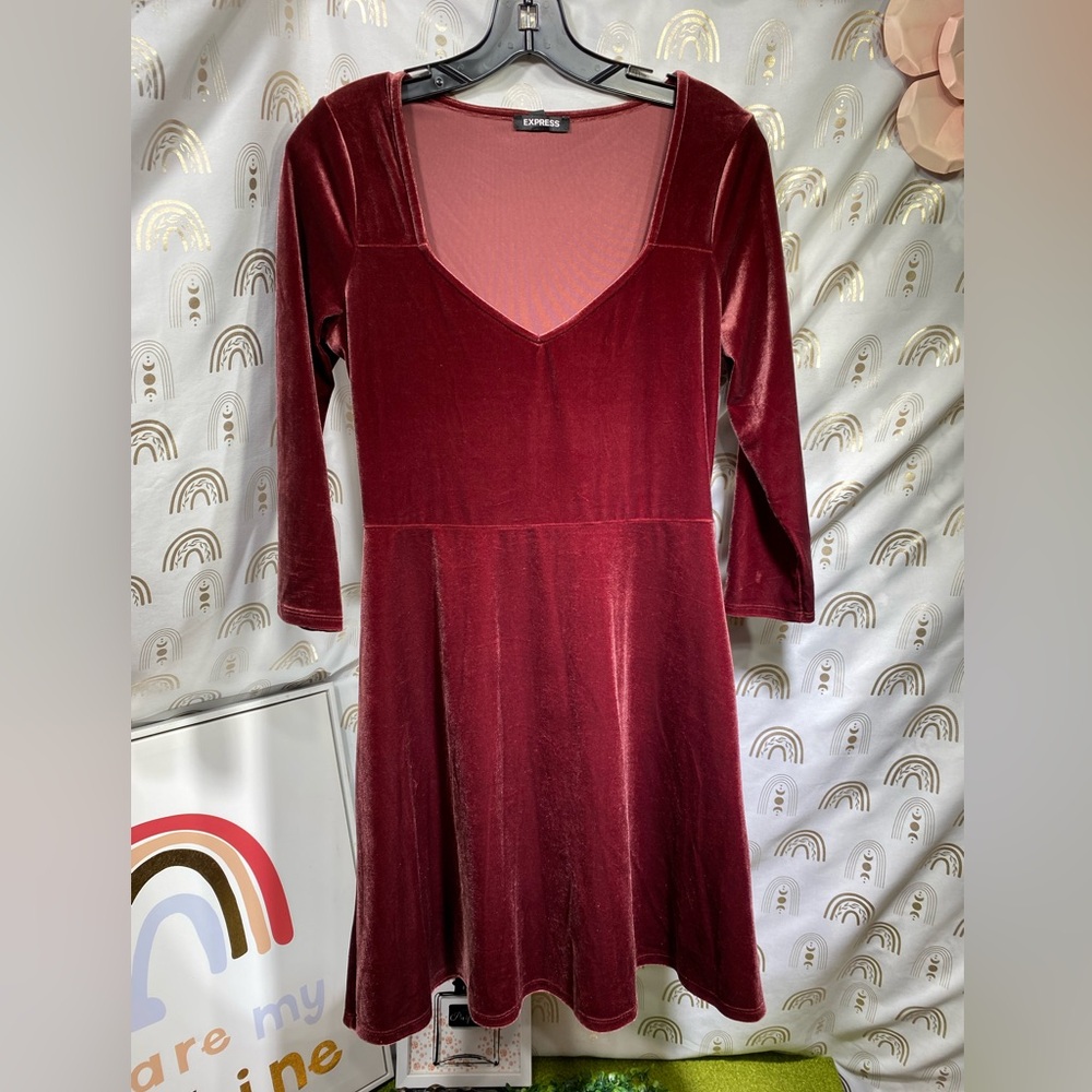 Express Velvet Long Sleeve Dress in Deep Red